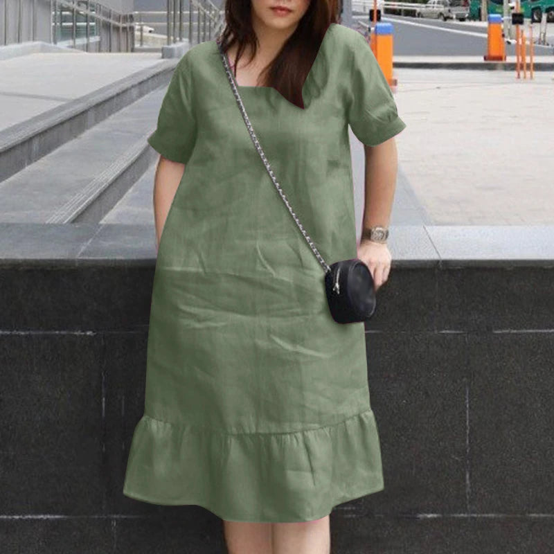 ZANZEA Women��s Dresses Summer Vintage Casual Lantern Sleeve Ruffled Trim Square Neck Loose Solid Dress