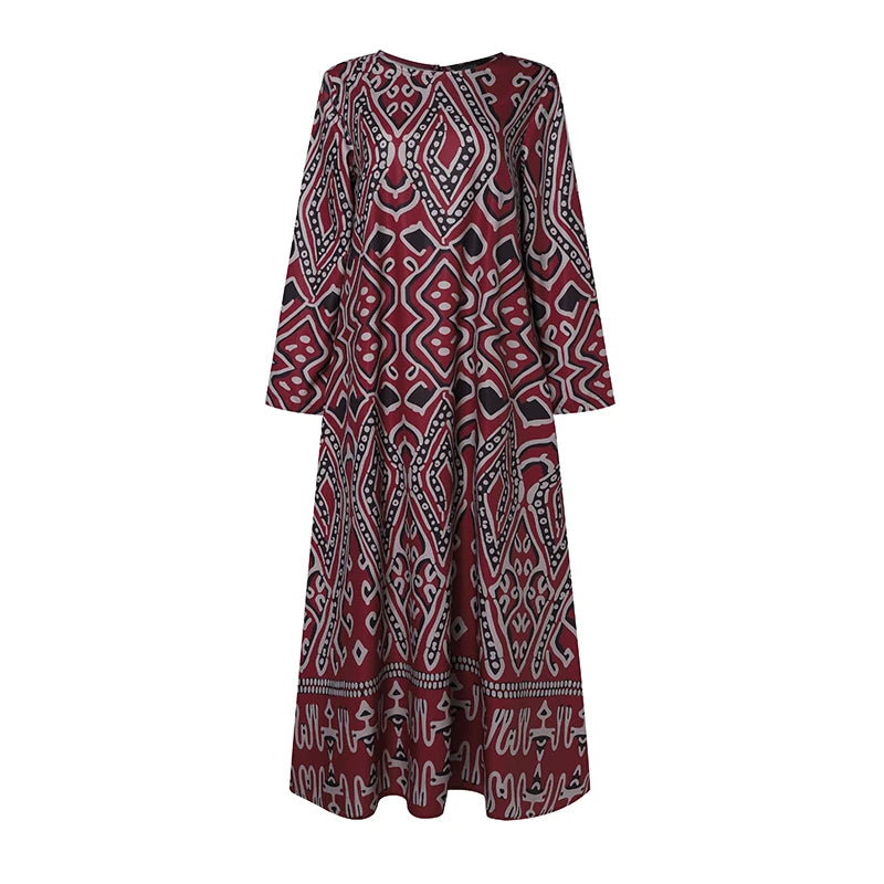 ZANZEA Womens Ethnic Long Dress Vintage Floral Casual Holiday Long Sleeve O-Neck Maxi Dress