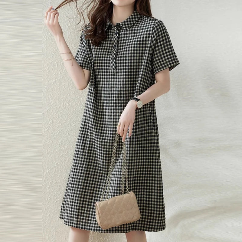 ZANZEA Elegant Style Women��s Dresses Daily Short Sleeve Lapel Plaid Loose Midi Shirt Dress