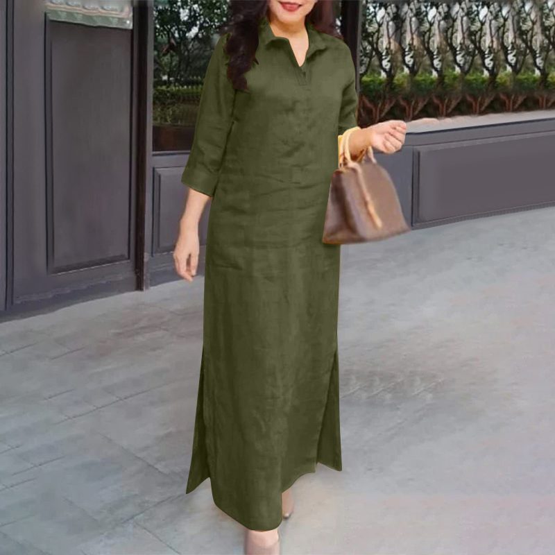 ZANZEA Women��s Dresses Turn-Down-Collar 3/4 Sleeve Elegant Office Side Split Plain Maxi Shirt Dress