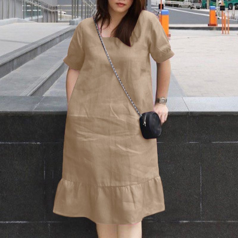 ZANZEA Women��s Dresses Summer Vintage Casual Lantern Sleeve Ruffled Trim Square Neck Loose Solid Dress