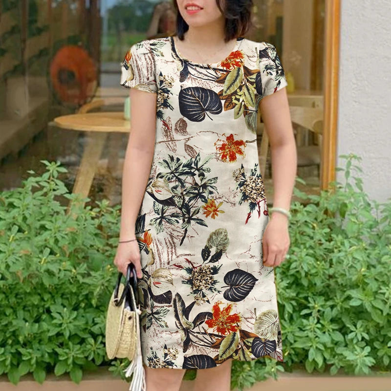 ZANZEA Womens Retro Crew Neck Raglan Sleeve Dress Floral Print Knee Length Cotton Linen Elegant Sundress