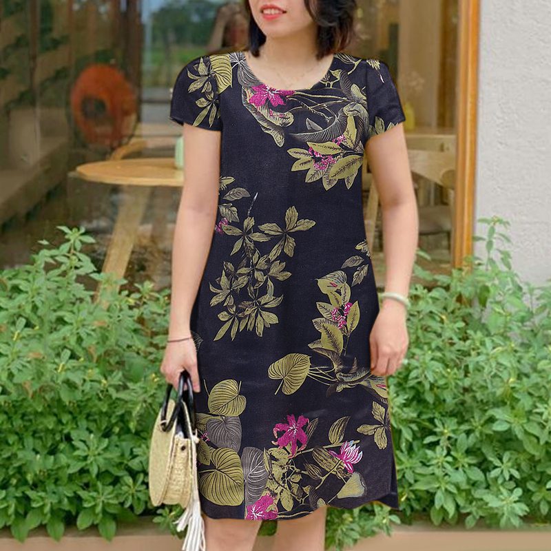 ZANZEA Womens Retro Crew Neck Raglan Sleeve Dress Floral Print Knee Length Cotton Linen Elegant Sundress