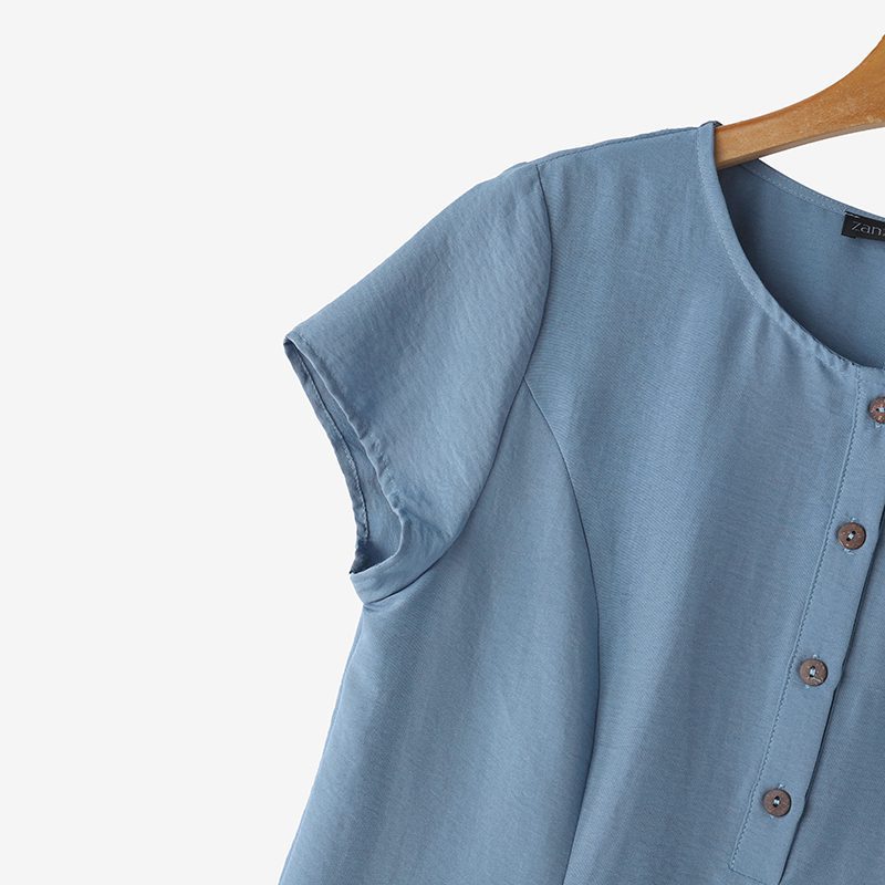 ZANZEA Womens Casual Loose Dress Holiday Short Sleeve Round Neck Plain Vestidos Sundress