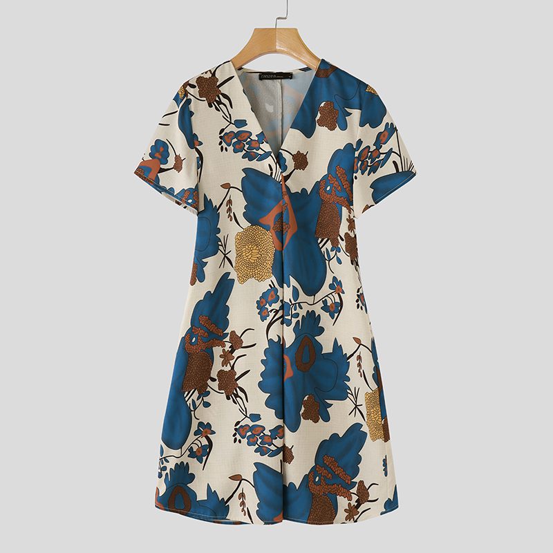 ZANZEA Womens Elegant V Neck Flore Printed A-Line Dresses Vintage Short Sleeve Midi Dresses