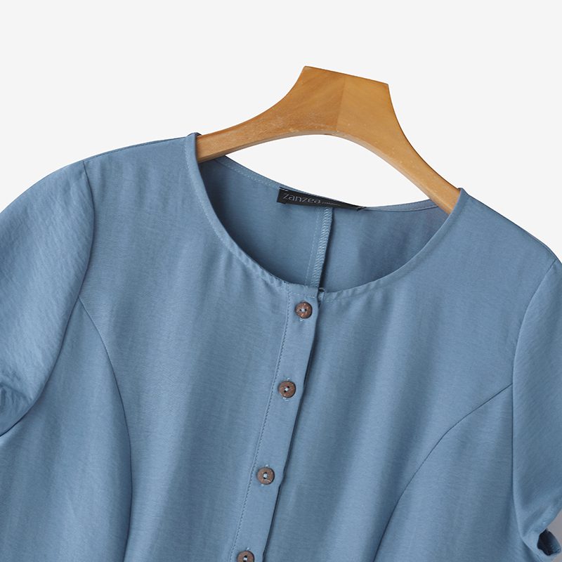 ZANZEA Womens Casual Loose Dress Holiday Short Sleeve Round Neck Plain Vestidos Sundress