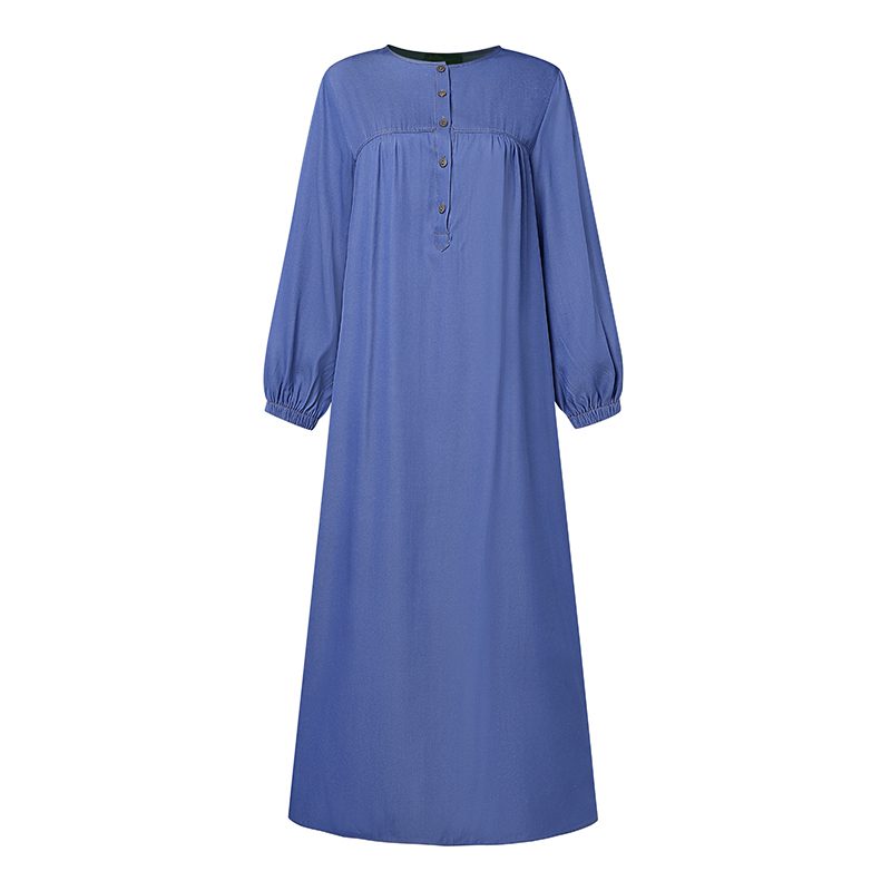 ZANZEA Women Vintage Round Neck Denim Dresses Casual Lantern Sleeve Solid Maxi Dress