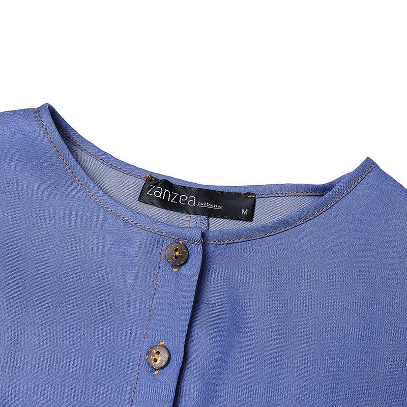 ZANZEA Women Vintage Round Neck Denim Dresses Casual Lantern Sleeve Solid Maxi Dress