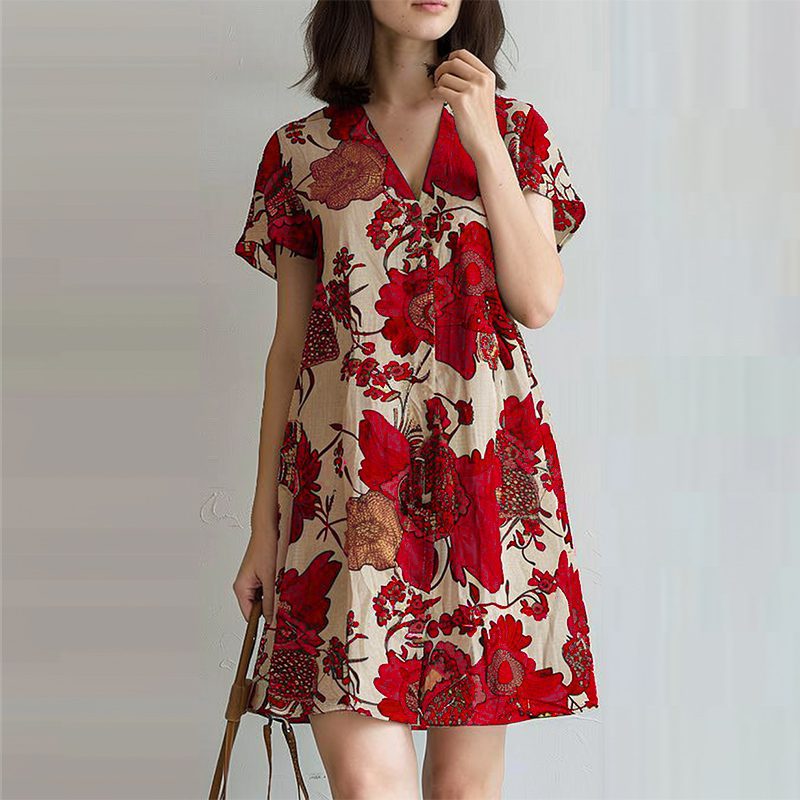 ZANZEA Womens Elegant V Neck Flore Printed A-Line Dresses Vintage Short Sleeve Midi Dresses