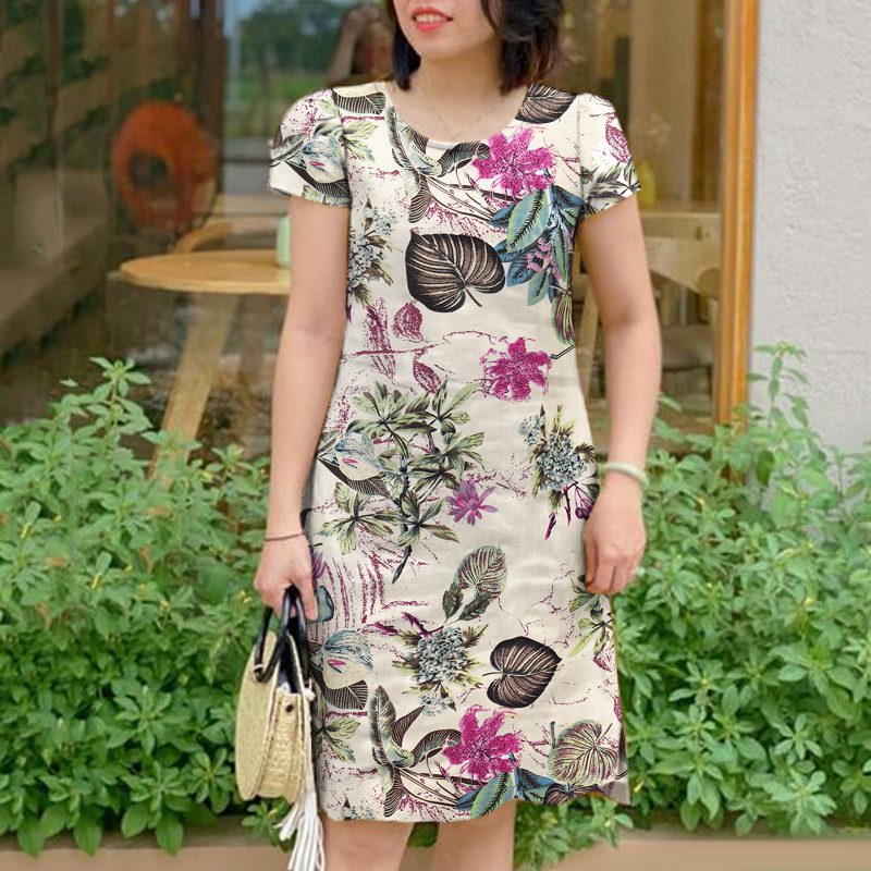 ZANZEA Womens Retro Crew Neck Raglan Sleeve Dress Floral Print Knee Length Cotton Linen Elegant Sundress