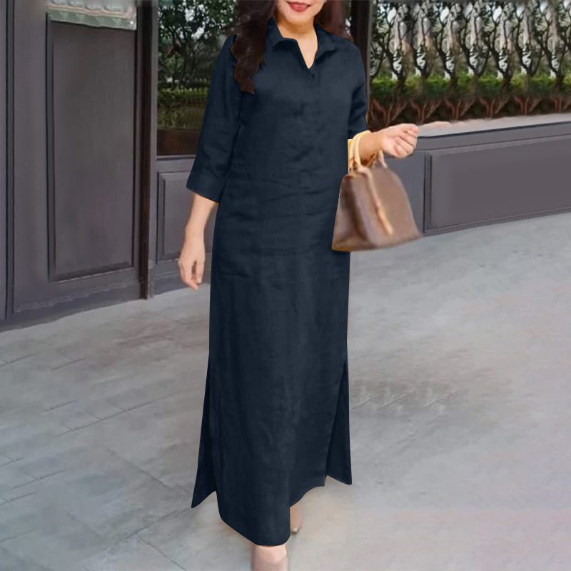 ZANZEA Women��s Dresses Turn-Down-Collar 3/4 Sleeve Elegant Office Side Split Plain Maxi Shirt Dress