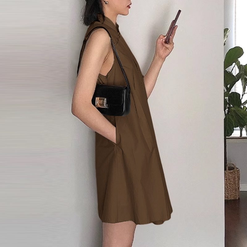 ZANZEA Women Elegant Stand Collar Sundress Sleeveless A-Line Midi Party Prom Dress