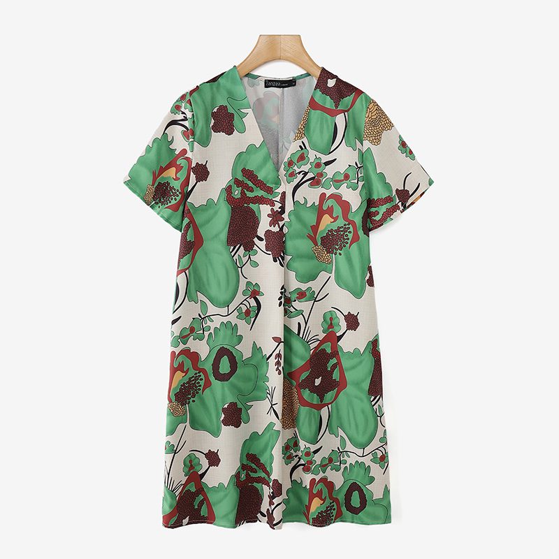 ZANZEA Womens Elegant V Neck Flore Printed A-Line Dresses Vintage Short Sleeve Midi Dresses