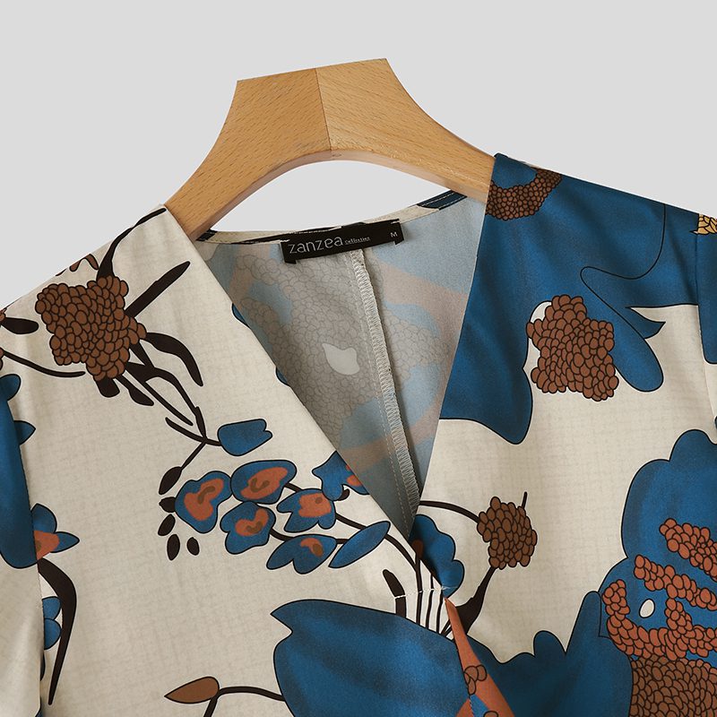 ZANZEA Womens Elegant V Neck Flore Printed A-Line Dresses Vintage Short Sleeve Midi Dresses