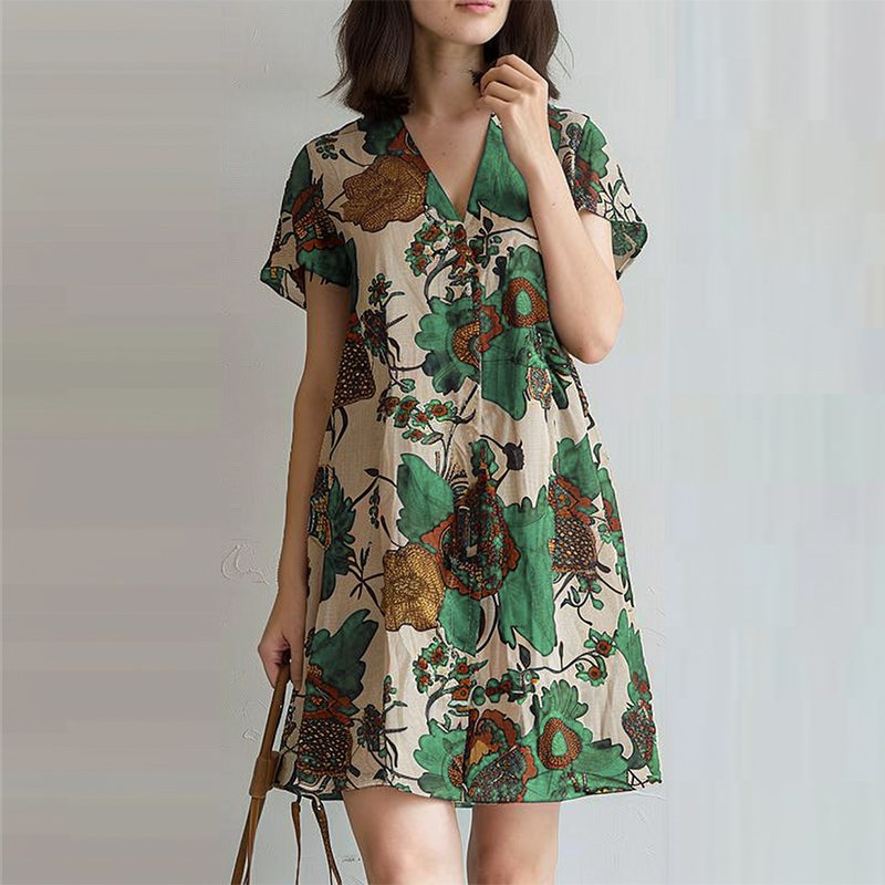 ZANZEA Womens Elegant V Neck Flore Printed A-Line Dresses Vintage Short Sleeve Midi Dresses