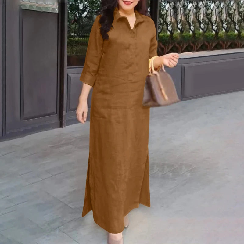ZANZEA Women��s Dresses Turn-Down-Collar 3/4 Sleeve Elegant Office Side Split Plain Maxi Shirt Dress