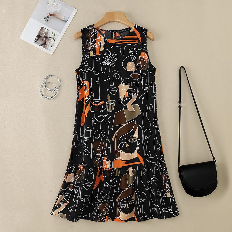 ZANZEA Elegant Style Women��s Dresses Sleeveless Round Neck Printed A-Line Mermaid Dress