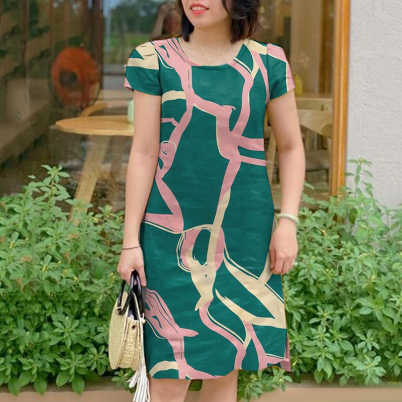 ZANZEA Women��s Abstract Print Dresses Summer Commute Short Sleeve O-Neck Printed Shift Dress