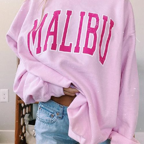 Women Letter Print Pink Pullover Round Neck Sweatshirts