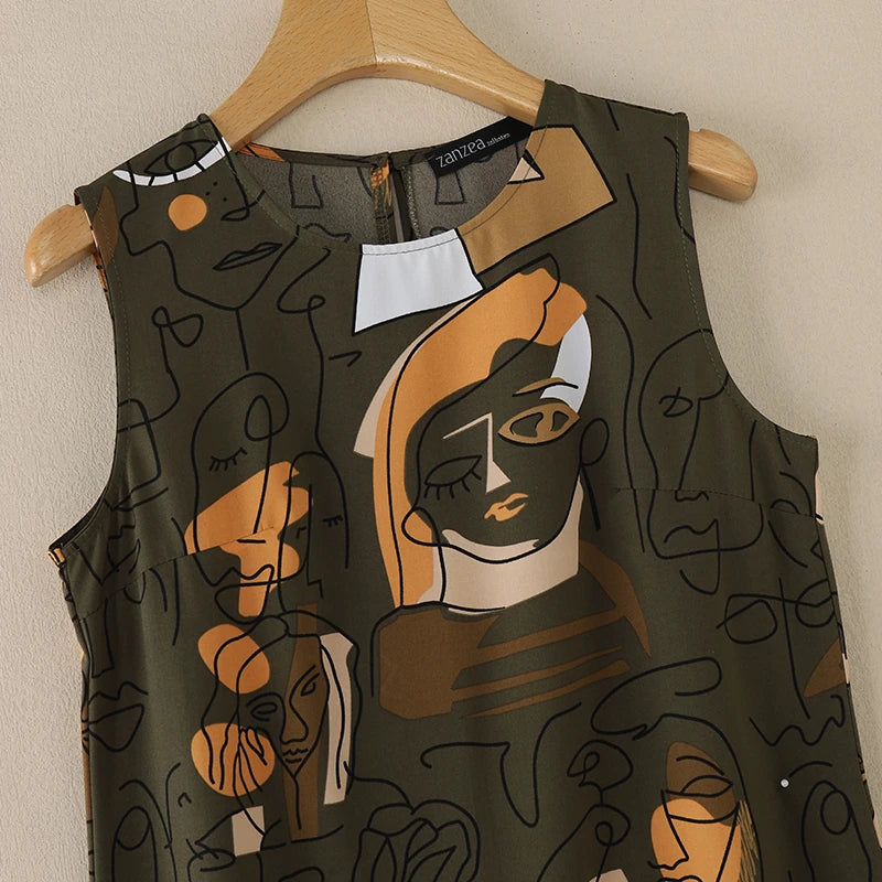 ZANZEA Elegant Style Women��s Dresses Sleeveless Round Neck Printed A-Line Mermaid Dress