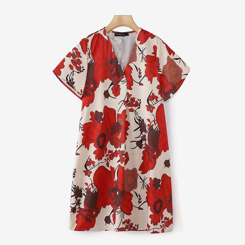 ZANZEA Womens Elegant V Neck Flore Printed A-Line Dresses Vintage Short Sleeve Midi Dresses