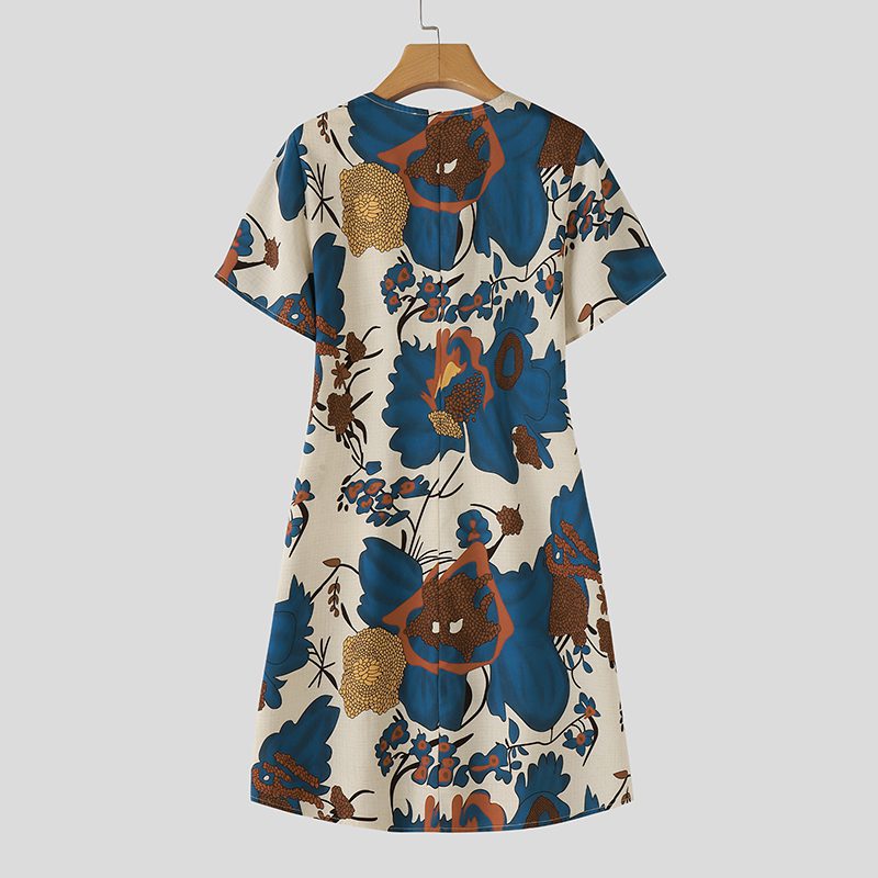 ZANZEA Womens Elegant V Neck Flore Printed A-Line Dresses Vintage Short Sleeve Midi Dresses