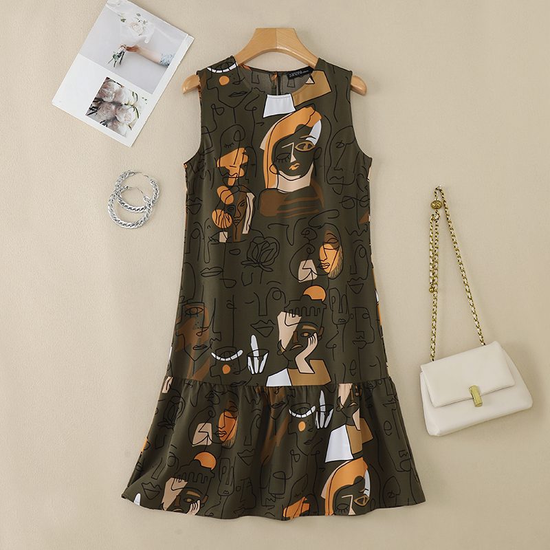 ZANZEA Elegant Style Women��s Dresses Sleeveless Round Neck Printed A-Line Mermaid Dress