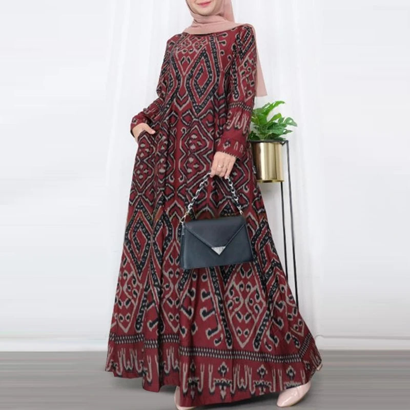 ZANZEA Womens Ethnic Long Dress Vintage Floral Casual Holiday Long Sleeve O-Neck Maxi Dress