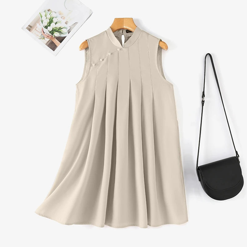 ZANZEA Women Elegant Stand Collar Sundress Sleeveless A-Line Midi Party Prom Dress