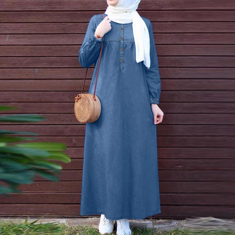 ZANZEA Women Vintage Round Neck Denim Dresses Casual Lantern Sleeve Solid Maxi Dress